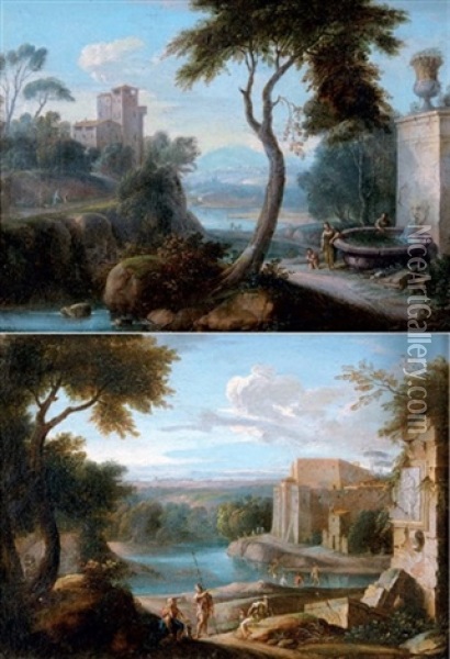 Paysage Montagneux Avec Fontaine (+ Paysage De Riviere Avec Ruines Romaines; Pair) Oil Painting - Hendrick Frans van Lint
