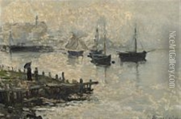 Harbour Scene With Ships At Anchor On A Hazy Day Oil Painting - Hans Olaf Heyerdahl
