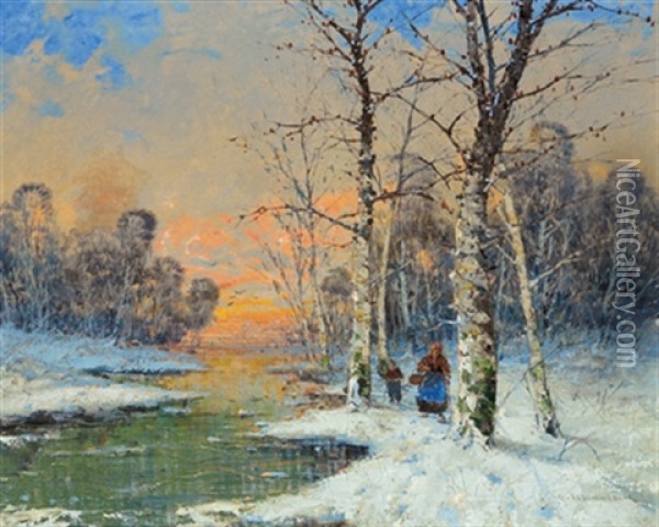 Winterliche Abendstimmung Am Flus Oil Painting - Georg Fischhof