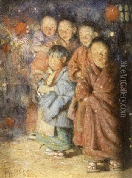 Japanese Children By Firelight Oil Painting - Mortimer Luddington Menpes