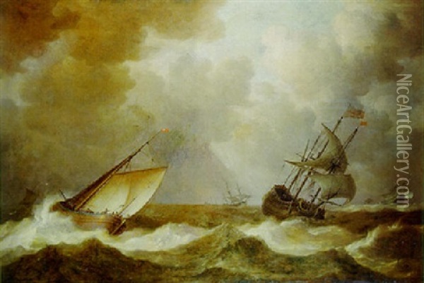 An English Man-of-war Before The Wind And A Close Hauled Hoeker, As A Storm Approches Oil Painting - Pieter Mulier the Elder