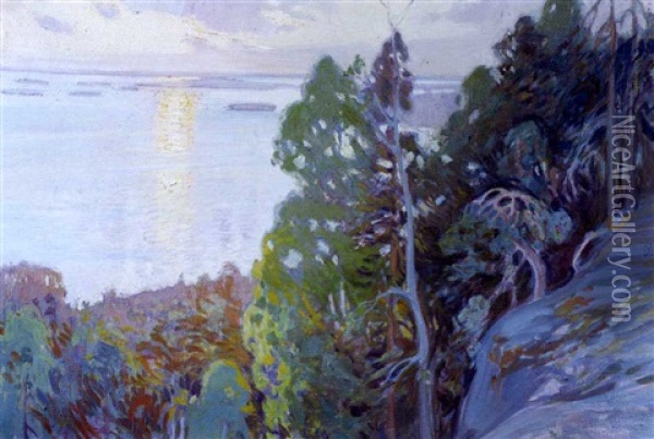 Aurinko Laskee Yli Jarven Oil Painting - Vaeinoe Haemaelaeinen