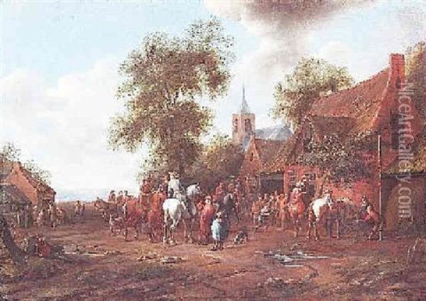 Reiter In Einem Hollandischen Dorf Oil Painting - Cornelisz van Essen