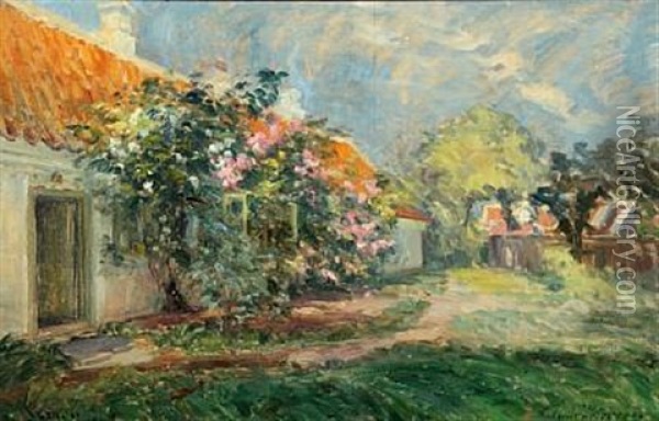 Summer Scenery Fom The House Of Michael Ancher With Roses In Blossom Oil Painting - Hans Gyde-Petersen