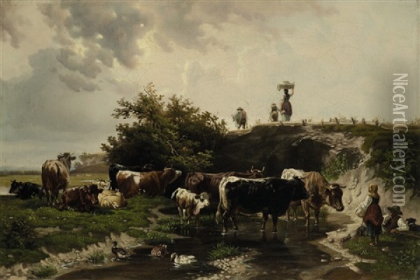 Hirten Mit Kuhherde An Der Wasserstelle Oil Painting - Edmund Mahlknecht