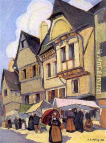 L'ombrelle Rouge Rue Kereon A Quimper Oil Painting - Pierre De Belay