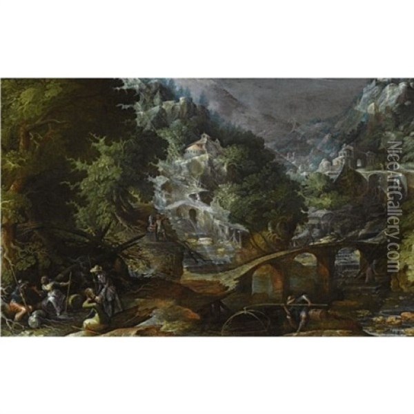 A Mountainous Forest Landscape With Several Bridges Crossing A River, With Figures Resting In The Foreground Oil Painting - Frederick van Valckenborch
