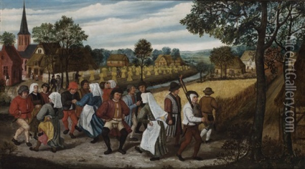 A Wedding Dance In The Open Air With A Bagpipe Player Oil Painting - Pieter Brueghel the Younger