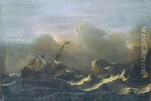 A three-master in a gale off a rocky coast Oil Painting - Aernout Smit