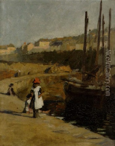Girls At The Quayside, Newlyn Oil Painting - Stanhope Forbes