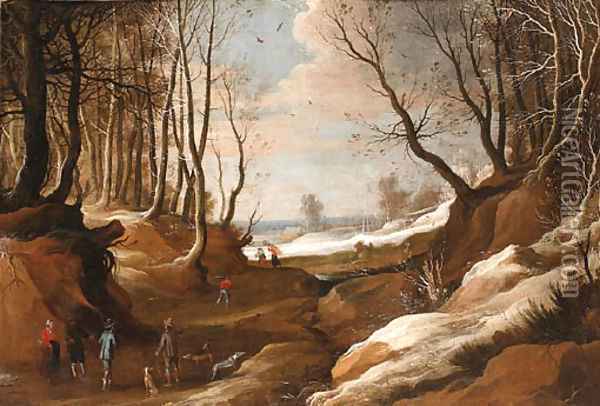 A winter Landscape with Faggot Gatherers and Travellers on a Path Oil Painting - Jacques Foucquieres