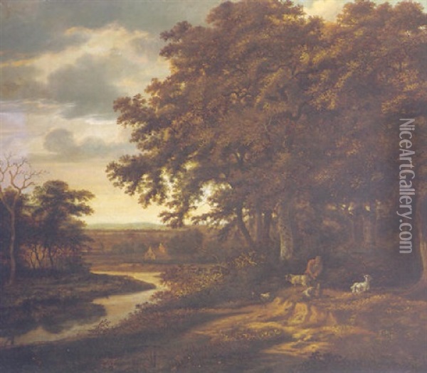A Herder With Animals On A River Bank By The Margin Of A Wood Oil Painting - Jan De Lagoor