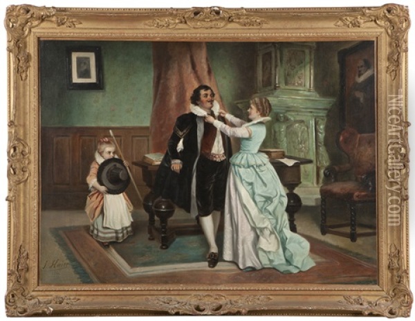 Lady And Girl Dressing A Gentleman In An Interior Oil Painting - Joseph Haier