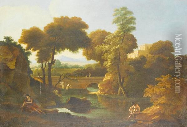 Figures Bathing In A River Before An Italianate Landscape, With A Bridge In The Distance Oil Painting - Johannes (Polidoro) Glauber