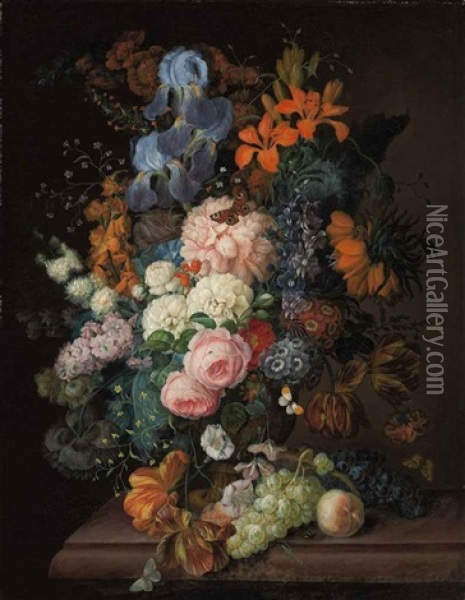 Roses, Peonies, Irises, Violets, And Other Blossoms In A Terracotta Urn, And Grapes, Blackcurrants And A Peach On A Table Oil Painting - Franz Xaver Petter