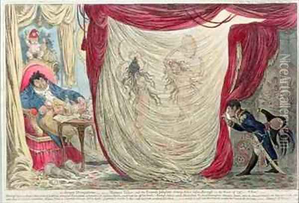 Occupations of Madame Theresa Tallien 1773-1835 and the Empress Josephine 1763-1814 dancing naked before the Vicomte de Barras 1755-1829 in the winter of 1797 Oil Painting - James Gillray