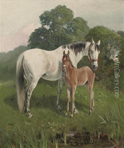 A Mare And Fowl In A Meadow Oil Painting - William Arnold Woodhouse