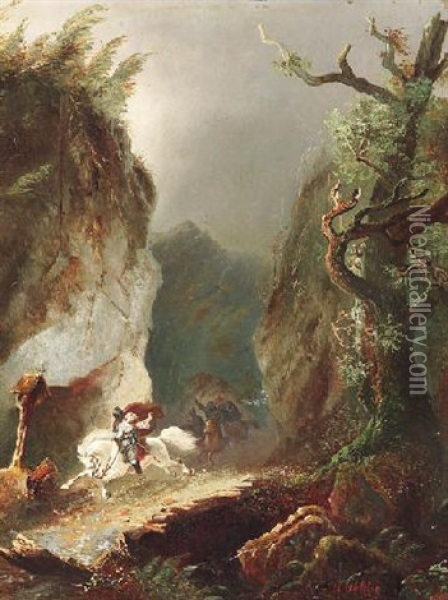 Der Prinzessinnenraub. Fliehender Ritterzug Im Gebirge Oil Painting - Meno Muehlig