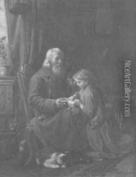 Stubeninterieur - Ein Kleines Madchen Liest Ihrem Grosvater Aus Einem Buch Vor Oil Painting - Felix Schlesinger