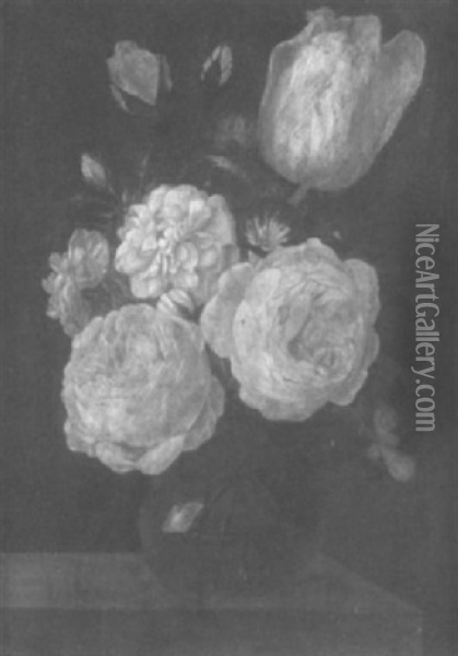 Rosen Und Tulpen In Einer Glasvase Vor Dunklem Hintergrund Oil Painting - Jan van Kessel the Elder