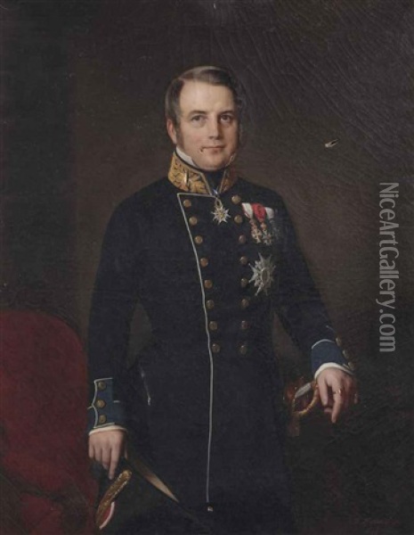 Portrait Of A Gentleman, Three-quarter-length, In A Blue Uniform Oil Painting - Theodor Hamacher