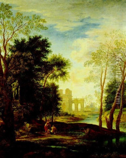 Villa Alberata Con Due Figure, A Sinistra Statua Di Ercole Appogiato Alla Clava E A Destra Un Corso D'acqua Oil Painting - Jan Frans van Bloemen