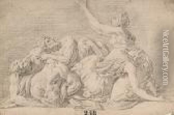 A Group Of Intertwined Draped Figures With A Woman Beseeching, Her Arms Upraised Oil Painting - Theodor Van Thulden