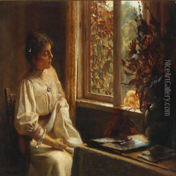 Interior With Af Woman And A Child Looking Through Thewindow Oil Painting - Christian Clausen