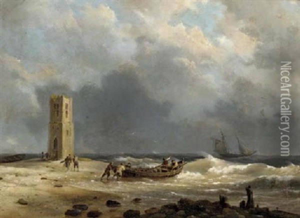 On A Stormy Shore Oil Painting - Hermanus Koekkoek the Elder