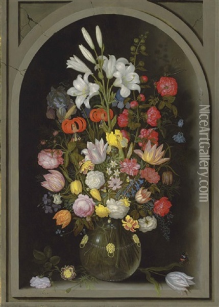 Flowers In An Ornamental Glass Vase In A Niche Oil Painting - Ambrosius Bosschaert the Elder