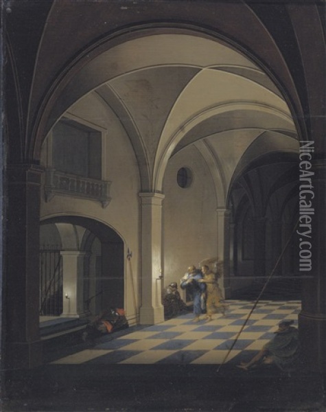 Interior Of A Prison With Sleeping Guards, St. Peter Beyond And Interior Of A Prison With Saint Peter Fleeing With The Angel (pair) Oil Painting - Peeter Neeffs the Younger