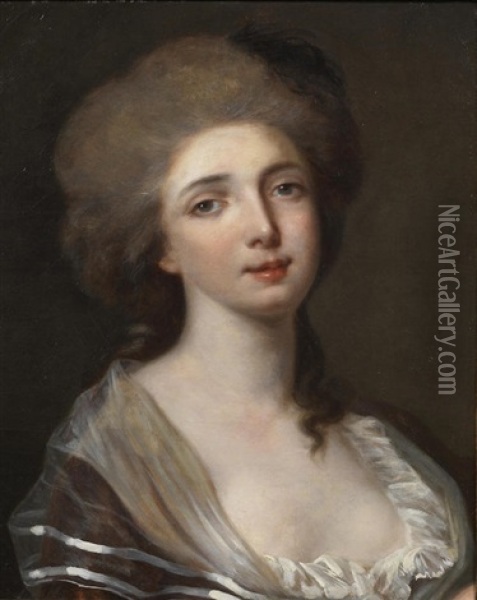 Portrait Of A Lady, Bust-length, In A Brown Dress And A White Wrap Oil Painting - Jean Baptiste Greuze