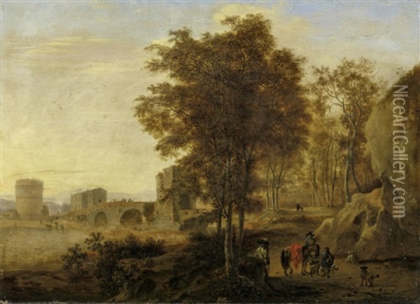 Reisende Auf Dem Uferweg Bei Einer Antiken Brucke Oil Painting - Pieter Jacobsz. van Laer