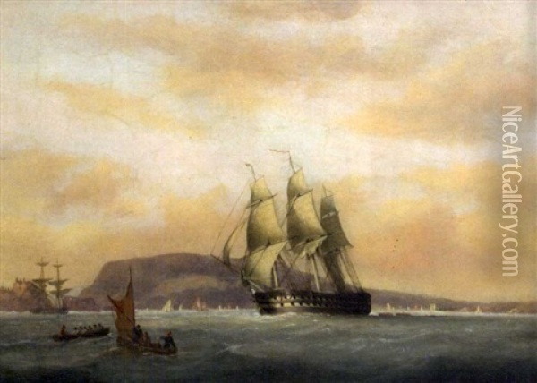A Man-of-war In Plymouth Sound, With Mount Edgcumbe Behind Oil Painting - Nicholas Matthew Condy