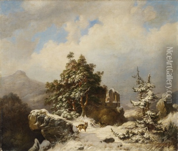 Winterlandschaft Mit Ruine Und Wolfen Oil Painting - Henry Lot