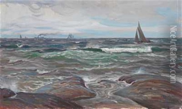 Skipstrafikk Ved Kysten Oil Painting - Thorolf Holmboe