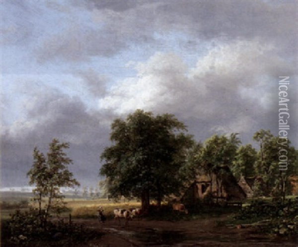 Wooded Landscape With A Peasantwoman Driving Cows On A Country Road Along A Farmhouse Oil Painting - Jacobus Theodorus Abels
