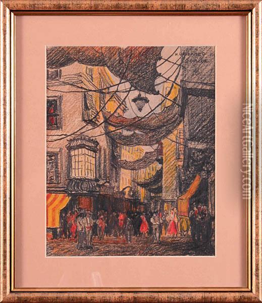 Ulica Sierpes W Sewilli, 1937 R. Oil Painting - Henryk Uziemblo