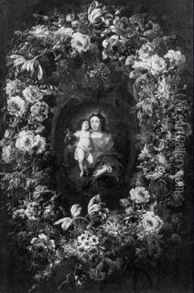 The Madonna And Child Within A Garland Surround Of Flowers Oil Painting - Jean-Baptiste Morel