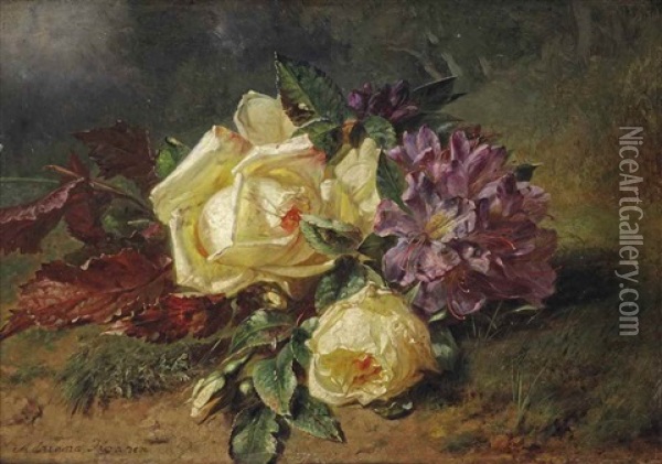 Yellow Roses And Rhododendrons On A Forest Floor Oil Painting - Adriana Johanna Haanen