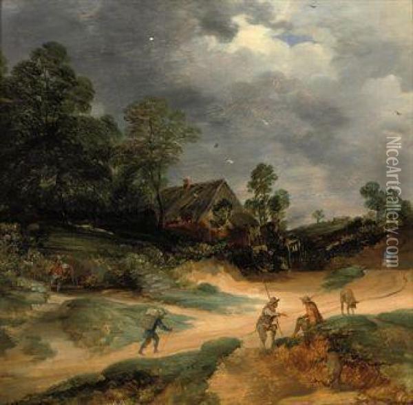 A Dune Landscape With Figures And Pigs On A Track Near Acottage Oil Painting - Lodewijk De Vadder