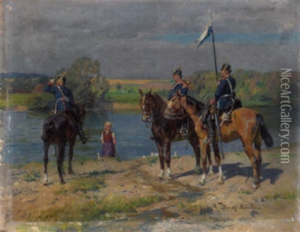 Gansemadchen Trifft Auf Kavallerie Am Flus Oil Painting - Max Joseph Pitzner