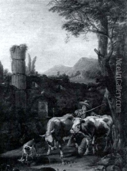 Shepherd With Animals In A Landscape With Ruins Oil Painting - Johann Heinrich Roos