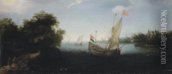 A Dutch Merchantman Flying The Colours Of Enkhuizen Oil Painting - Cornelis Hendricksz. The Younger Vroom