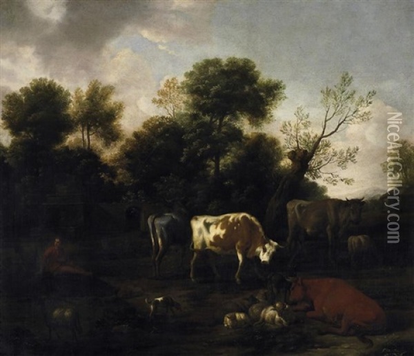Landschaft Mit Vieh, Links Im Hintergrund Ruinen Im Wald Oil Painting - Dirk van Bergen