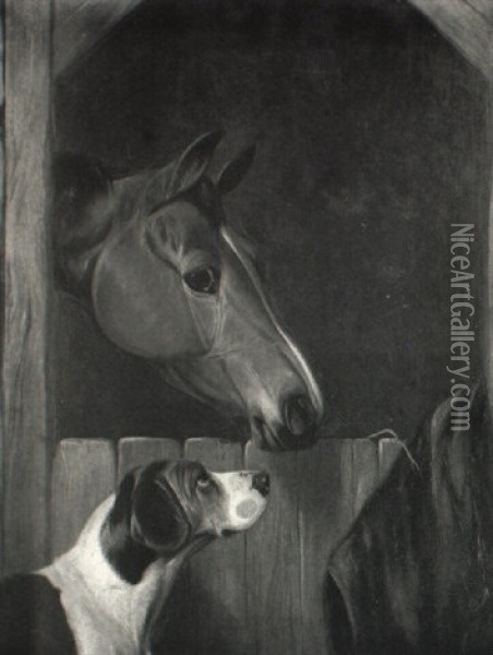 Chestnut Hunter And Fox Hound By A Stable Door Oil Painting - Colin Graeme