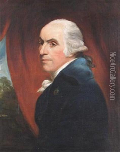 Portrait Of A Gentleman, Head And Shoulders, Wearing Blue Oil Painting - Allan Ramsay