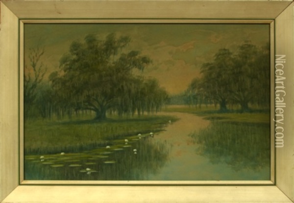 Louisiana Bayou Scene With Moss-laden Oak Trees Oil Painting - Alexander John Drysdale