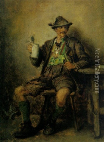 Sitzender Bauer In Tracht Mit Bierkrug Und Pfeife Oil Painting - Ludwig Knaus