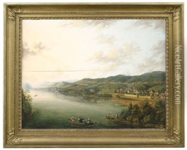 Weite Rheingaulandschaft Mit Stadten Und Weingarten Am Ufer, Im Bildhintergrund Oben Wohl Der Johannisberg Oil Painting - Johann Caspar Schneider